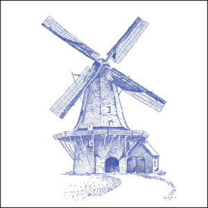 A blue drawing of a Dutch windmill